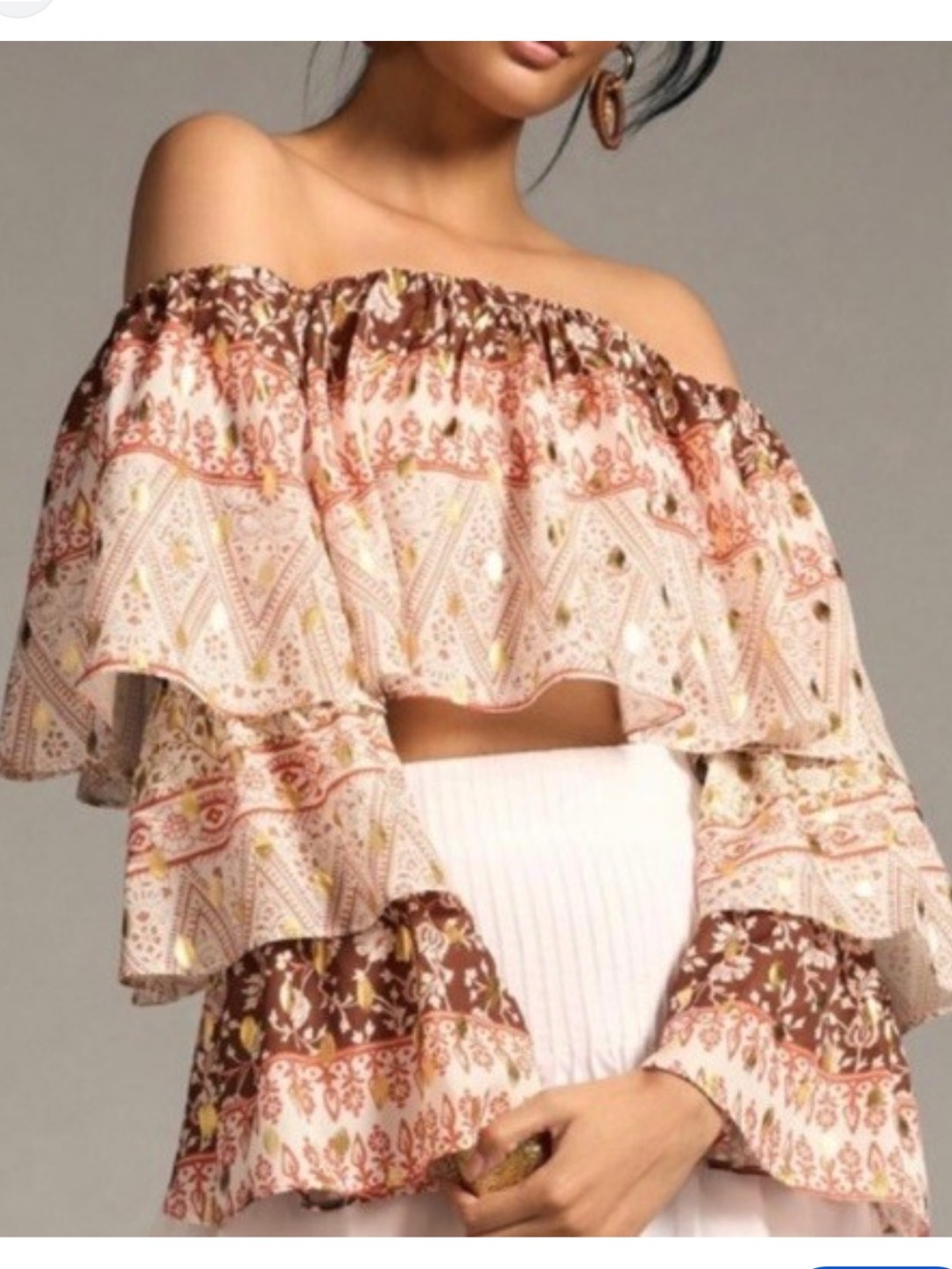 Anthropologie Mare Mare Off-Shoulder Ruffle Crop Top in Orange and Cream